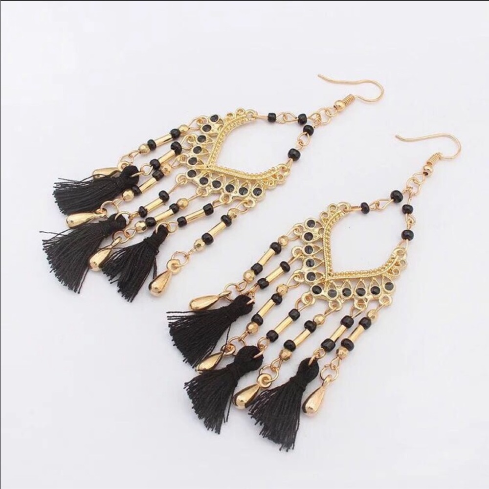 Bohemian Beaded Tassel Dangle Earrings - Picture 2 of 4
